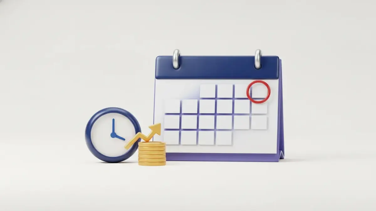 Illustration of a desk calendar with a circled due date, a clock and a stack of coins, representing GST late fee and interest