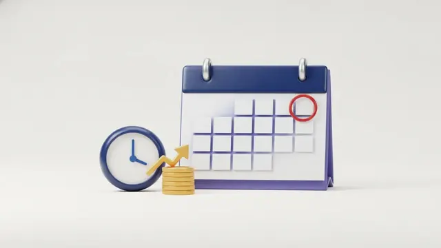 Illustration of a desk calendar with a circled due date, a clock and a stack of coins, representing GST late fee and interest