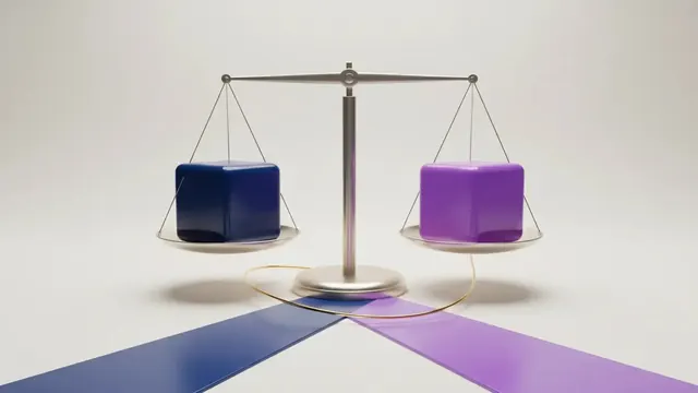 Illustration of a balance scale weighing two blocks, representing the choice between the new and old tax regimes