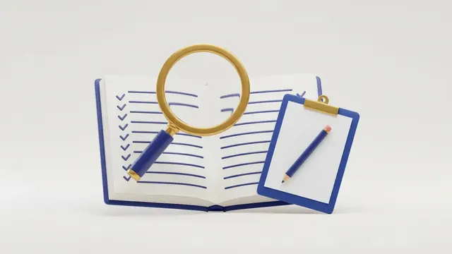 Illustration of a magnifying glass over a ledger with check marks, representing tax audit applicability