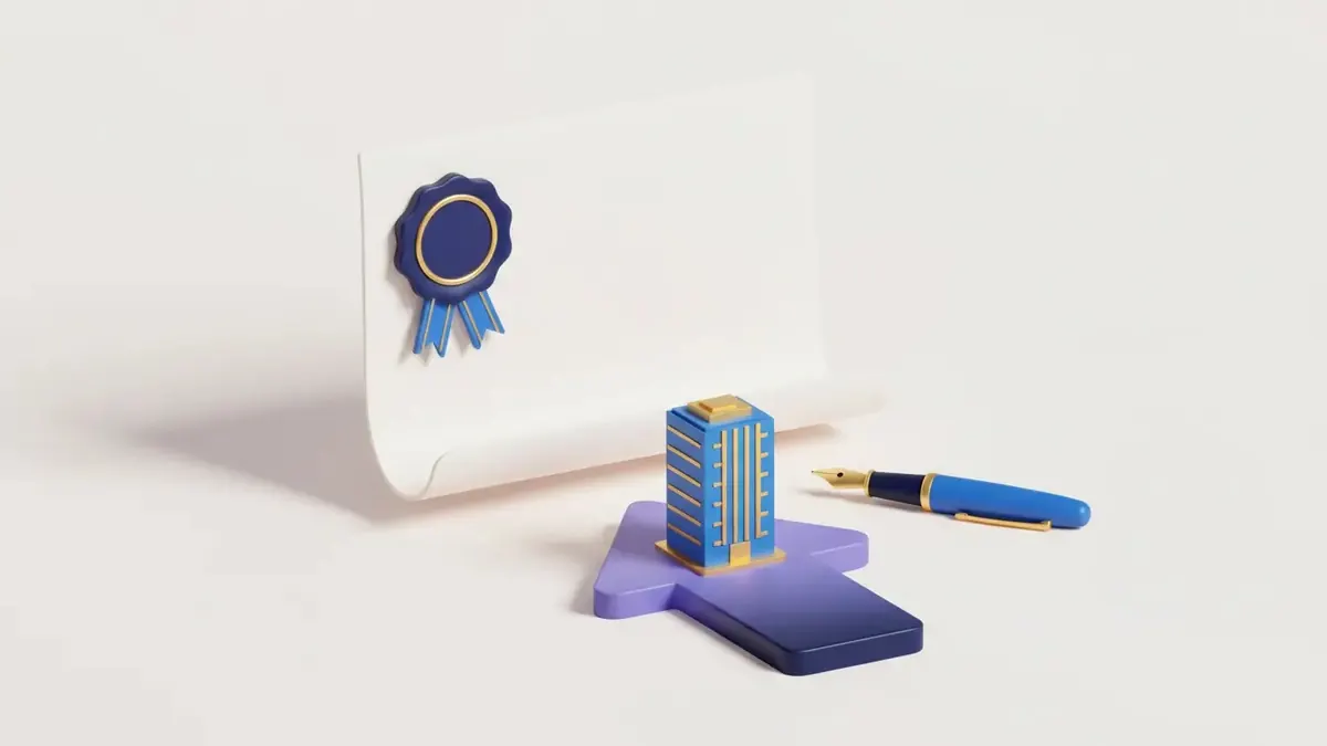 Illustration of a certificate with a seal, a fountain pen and an office building model, representing company incorporation