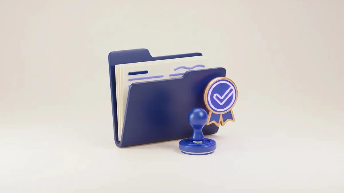 Illustration of a document folder, a rubber stamp and an approval badge, representing GST registration
