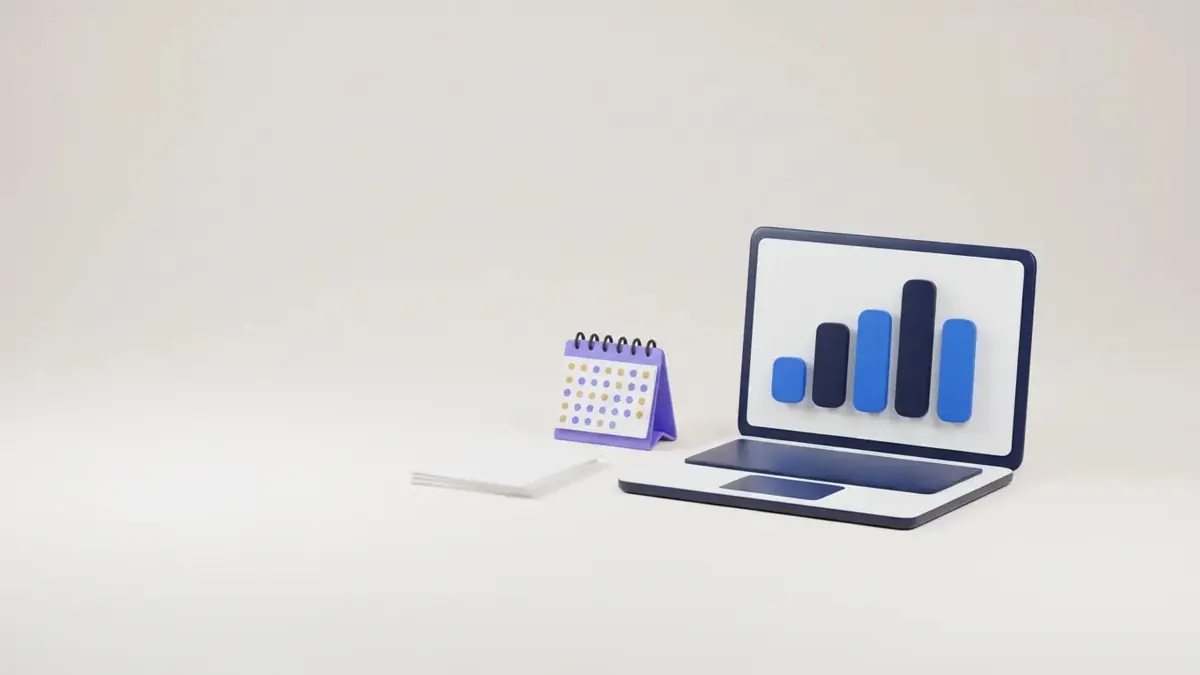 Illustration of a laptop with bar charts, invoices and a calendar, representing monthly GST return filing