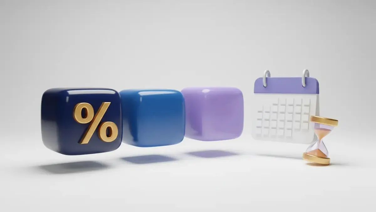 Illustration of a percent block, a calendar and an hourglass, representing TDS rates and due dates