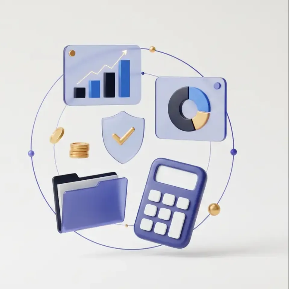 Illustration of financial charts, a calculator, a document folder and a check-mark shield, representing audit, tax and compliance work